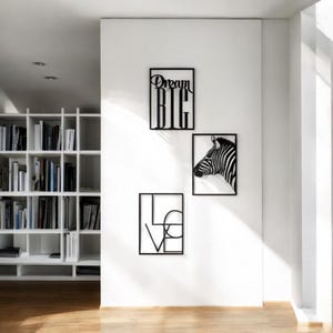 Juego de arte de pared de metal Dream Big Zebra: arte lineal minimalista de 3 piezas, decoración moderna con animales y letras para el hogar y la oficina