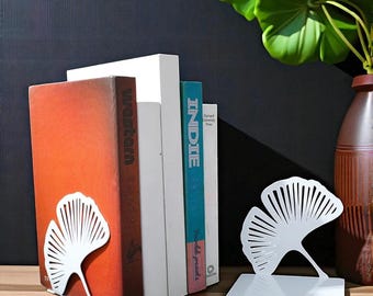 White Ginkgo Leaf Bookends: Elegant Metal Book Holder Set