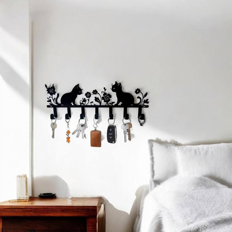 Metal Cat Key Holder: Decorative Wall Rack With Flower Accents - Etsy