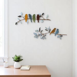Rustic colorful bird decor, 2pc metal wall art for farmhouse, cabin, or garden-themed room.