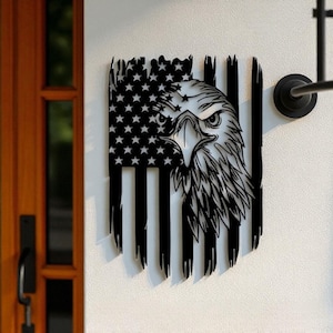 American Flag Eagle Metal Wall Art for Patriotic Home Decor – Rustic Black Metal Flag with Eagle Head Silhouette for Living Room Wall