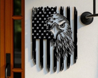 May include: A black and white metal wall art piece featuring an American flag design with an eagle's head. The flag has a distressed look with visible stars and stripes, and the eagle is rendered in detail.