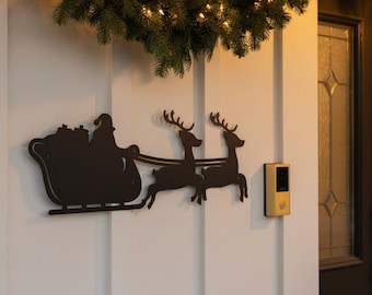Santa Sleigh Metal Wall Art – Modern Christmas Reindeer Decoration