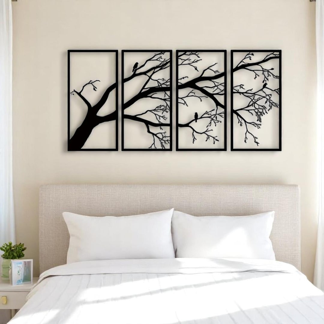 Tree of Life Metal Wall Art Set – 4 Panel Black Branch Decor for Indoor ...