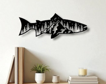 Arte de pared de metal con diseño de pez de montaña y bosque: decoración rústica de cabaña (15.8")