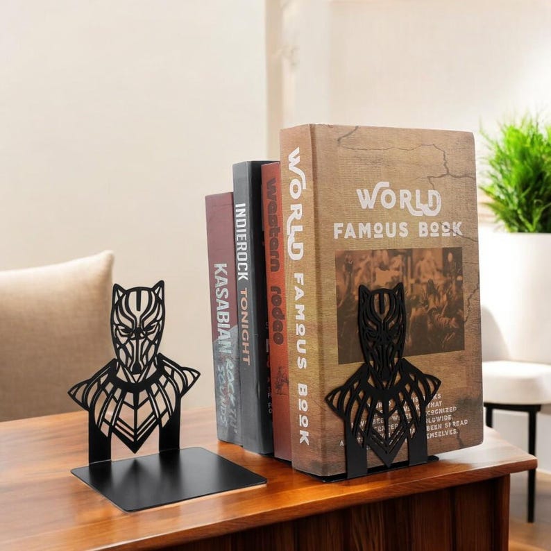 black panther gift
superhero bookends
hero book stand
comic book holder
geek home decor
metal bookends
Avengers gift
bookshelf organizer
nerdy home decor
movie fan gift
book stand for men
Wakanda gift
superhero decor