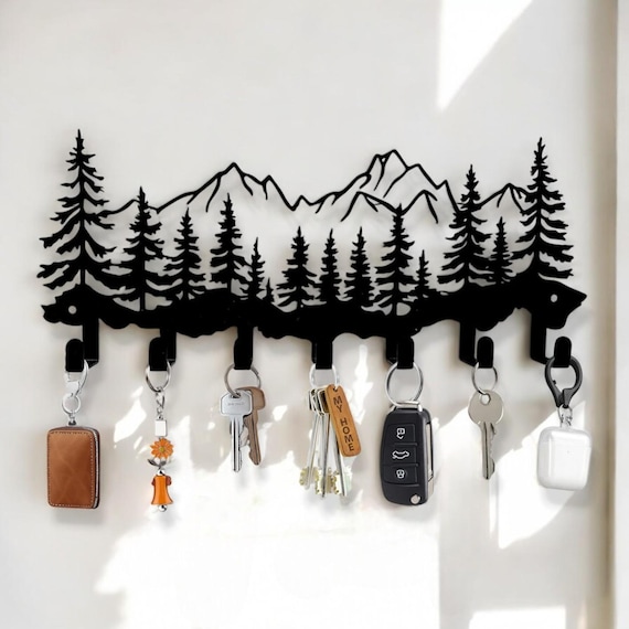 Rustic Metal Mountain Key Holder: Forest Wall Decor
