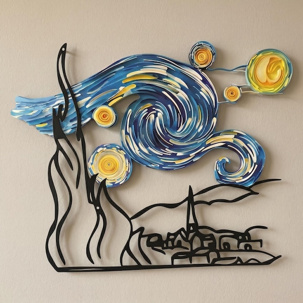 Starry Night Metal Wall Art – Van Gogh Inspired Decor, Hand-Painted Metal Art, Unique Gift, Home Wall Decor, Artistic Gift Idea