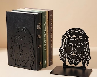Sujetalibros de metal con la imagen de Jesús – Decoración cristiana para el hogar – Soporte para libros bíblicos – Regalo religioso – Decoración para estantes con temática de fe – Sujetalibros de metal negro