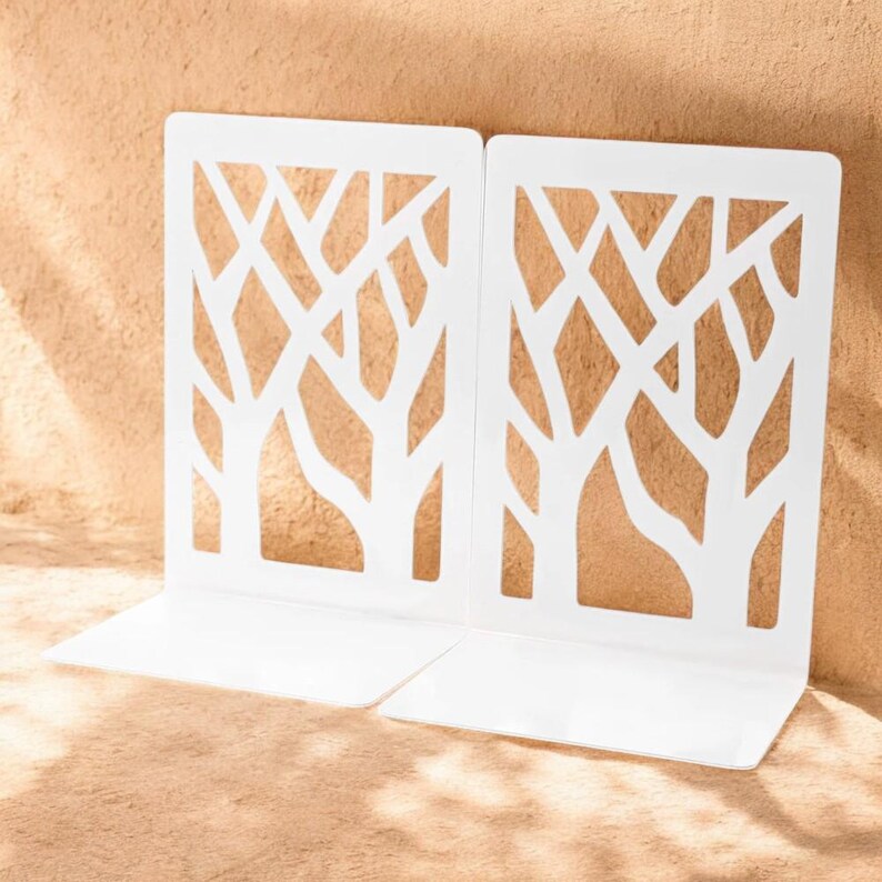 Tree Bookends 2PCS Tree Shadow Metal Bookends – Modern Hollow Design – Desk Organizer ...