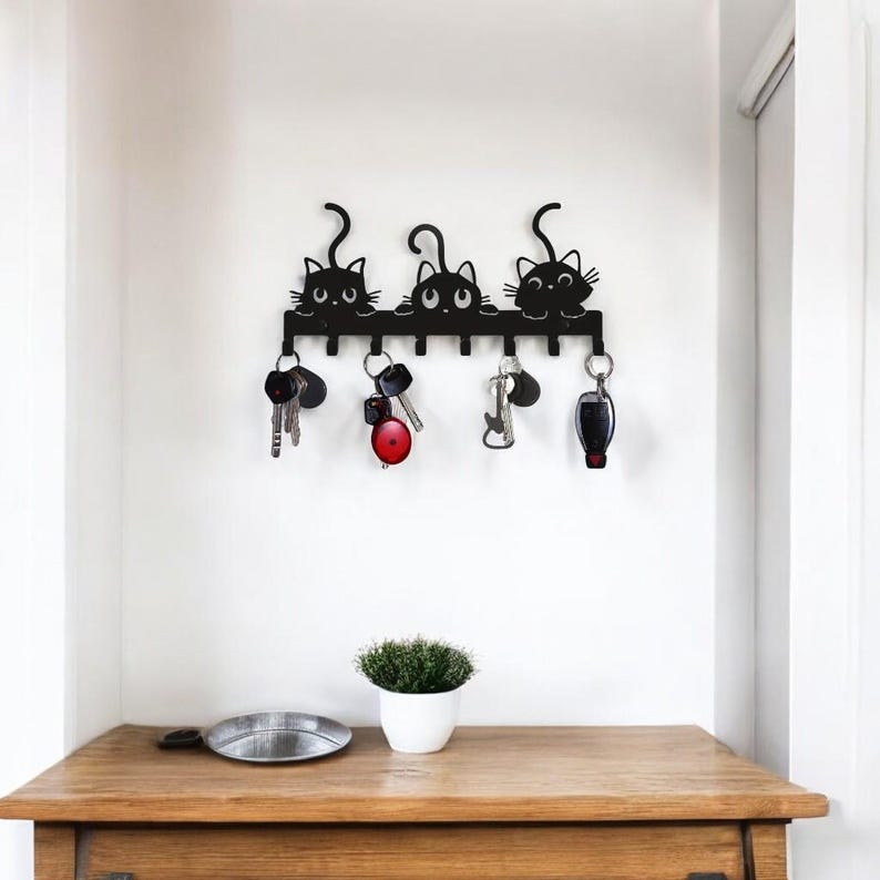 Cute Cat Key Holder – Wall Mounted Metal Key Rack Hooks, Cat Tail ...