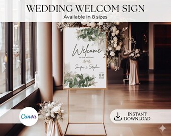 Eucalyptus Wedding Welcome Sign Editable CANVA Template (8 Sizes) Green Outdoor wedding Large Minimalist Wedding Welcome sign board Template