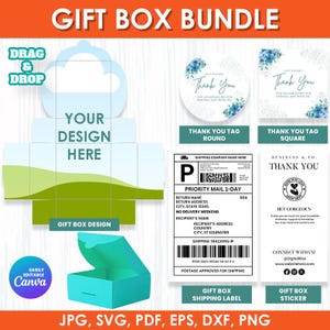 Könnte beinhalten: Eine digitale Geschenkbox-Bundle-Vorlage mit einem flachen Box-Layout mit grünen Landschaftsgrafiken, einer türkisfarbenen 3D-Box, runden und quadratischen floralen Dankesanhängern, einem Versandetikett und einem Dankesaufkleber mit Text.