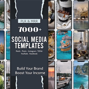 Może przedstawiać: Ciemnoniebieska grafika z tekstem "PLR & MRR" i "7000+ SOCIAL MEDIA TEMPLATES". Tekst zawiera również "Reels, Posts, Instagram, TikTok, YouTube, Facebook". Poniżej tekstu znajdują się słowa "Build Your Brand Boost Your Income". Tło przedstawia różne obrazy.