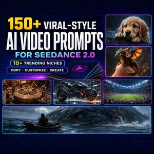 May include: A digital graphic titled 150+ VIRAL-STYLE AI VIDEO PROMPTS FOR SEEDANCE 2.0. It features text including 10+ TRENDING NICHES and COPY CUSTOMIZE CREATE, alongside six varied images showing a puppy, dragon, workshop, motorcycle, stadium, and sea monster.