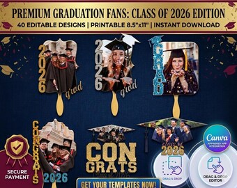 Class of 2026 Graduation Photo Paddle Fan Template CANVA editable Bundle Grad Hand Fans Template Custom kids Graduation Cake Topper