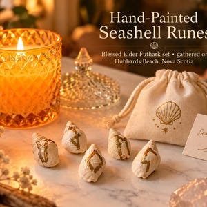 Puede incluir: Un conjunto de runas de conchas marinas pintadas a mano con símbolos dorados del Elder Futhark, acompañado de una bolsa beige con cordón y un icono de concha, junto a una tarjeta que dice Seashell Runes y una vela en vaso ámbar.