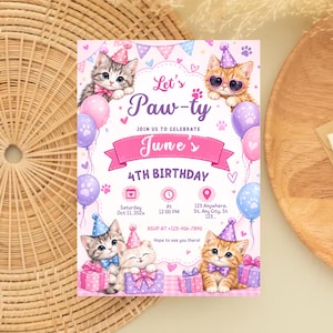 May include: A birthday invitation card featuring four kittens wearing party hats, balloons, and gift boxes. The text reads Let's Paw-ty, Join us to celebrate June's 4th Birthday, Saturday Oct 11, 202x, at 12:00 PM, 123 Anywhere, St, Any City, St, 123, RSVP at +123-456-7890, Hope to see you there!