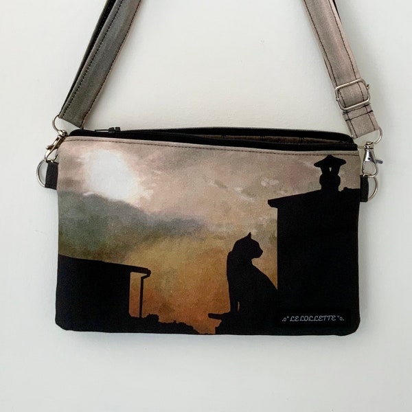 Poetica Collection - FIERA - cotton purse with zipper and shoulder strap - original design - cat on roman roofs