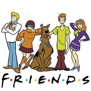 Pode incluir: Imagem de desenho animado da turma do Scooby-Doo: Fred, Velma, Scooby-Doo, Salsicha e Daphne. A palavra "FRIENDS" está escrita em letras coloridas na parte inferior. Os personagens estão com suas roupas características, com Scooby-Doo no centro.