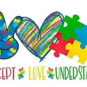 May include: A peace sign with puzzle pieces, a heart with rainbow stripes, and three puzzle pieces in red, blue, and yellow. The text "ACCEPT LOVE UNDERSTAND" is below the image.