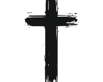 Op de afbeelding: Een zwart kruis met een ruwe, penseelstreektextuur. Het kruis is een religieus symbool.