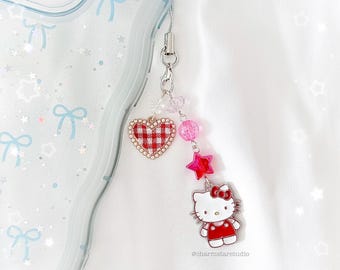 Hello Kitty Phone Charm | Hello Kitty Keychain | Sanrio Keychain | Cat Charm with Gingham Heart | Beaded Keychain | Gift Ideas | Handmade
