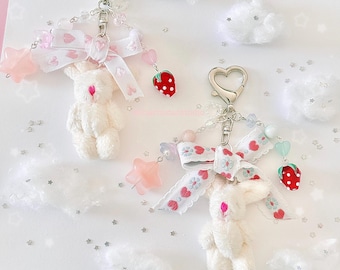 Handmade Plush Bunny Keychain | Beaded Bag Charm, Coquettecore