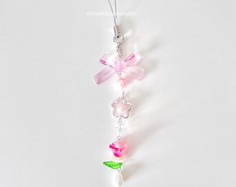Pink Flower Phone Charm | Handmade Beaded Coquette Bag Accessory