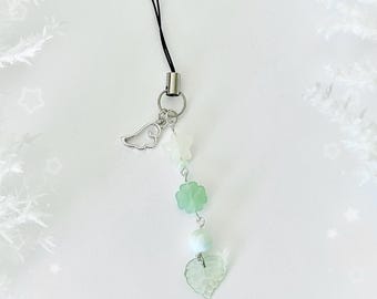 Green Clover Phone Charm, Beaded Phone Strap with Angel Wing