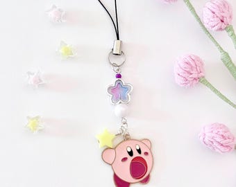 Kirby Phone Charm | Pink Beaded Phone Charm | Kirby Trinket | Star Charm | Kirby Enamel Keychain | Pink Kirby Cellphone Charm, Kawaii Gift