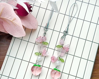 Colgante para móvil de melocotón / Lindo colgante para móvil / Colgante de melocotón / Llavero de melocotón / Colgante para móvil con cuentas / Hecho a mano / Accesorio para bolso