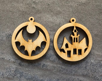 Halloween Wood Bat and/or Haunted House Round Frame Blanks for  Earrings , Pendants or Decor