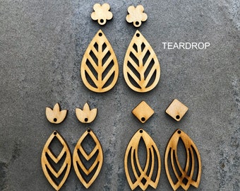 Wood Simple Leaves Earrings Set with/without Studs - Floral - Leaves - Botanical - 3 pairs - Teardrop - Chevron- Triple Leaves - Blanks