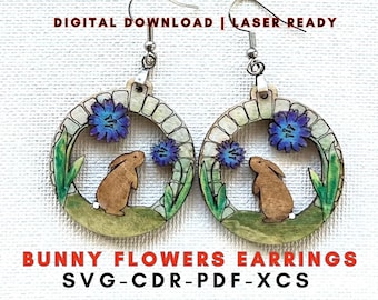 Bunny Rabbit Flowers Earrings SVG File for Laser Cutters Easter Spring Cute Kawaii Adorable Paintable Glowforge xTOOL