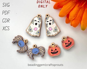Halloween SVG Earrings Bundle Spider Ghost Pumpkin Cat Laser Cutting File Glowforge xTOOL