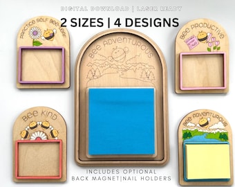 Sticky Note Holders SVG for Laser Cutters 4 Bee Designs 2 Sizes with Optional Back Magnet or Nail Holders