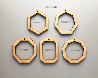 Wood Polygon Frames Blanks for Pendants - Ornaments - Decor - Hexagon, Heptagon, Octagon, Rectangular Octagon and Nonagon