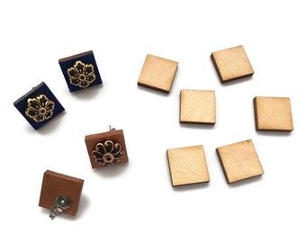 15 mm Square Wood Tiles - Stud Earrings - Unfinished Blanks - 6 pc set