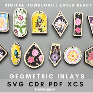 Op de afbeelding: Een set van 12 digitale downloadbare laser-ready SVG, CDR, PDF en XCS bestanden met geometrische vormen met bloemenpatronen. De vormen omvatten een vierkant, rechthoek, ovaal, ruit, traan en zeshoek.