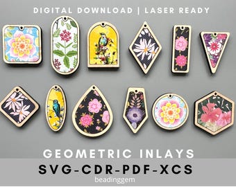Super Value! 12 Geometric Inlay SVG Laser Cut Files for Earrings and Pendants - Free Wood Decoupage Video Tutorial
