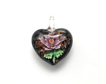 Flower Lampwork Glass Puffy Heart Pendant with Loop Bail - Purple Lavender Bloom on Black background 37mm x 31mm x 14mm