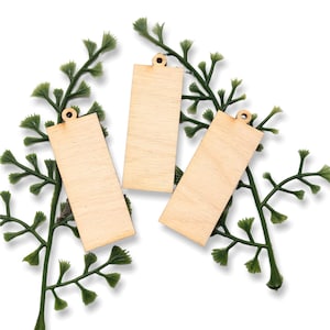 May include: Three unfinished wooden rectangular tags with a hole at the top, surrounded by green plastic foliage.