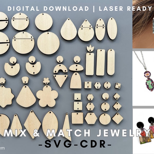 50+ SVG Mix n' Match Jewelry Earrings Pendants Laser Cutting Glow Forge xTOOL for Engraving Decoupage Hand Painted Art