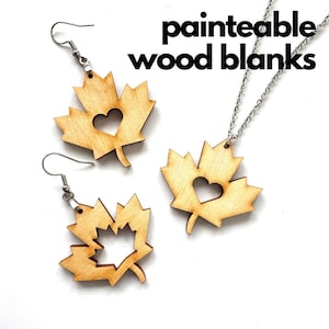 Ébauches en bois de feuille d'érable pour boucles d'oreilles ou petits pendentifs - Découpes en forme de cœur - Canada - Amour - Patriotique
