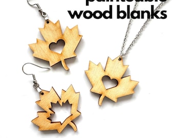 Maple Leaf Wood Blanks for Earrings or Small Pendants Cutouts Heart Canada Love Patriotic