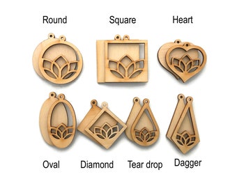 Wood Lotus Flower Bezel Frame Inlays for Pendants Ornaments - Unfinished Blanks - Round Square Diamond Oval Dagger Teardrop Heart