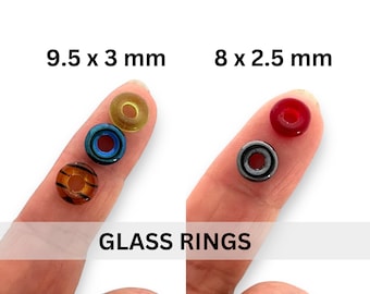 50 PC Small Glass Rings Czech Pressed Two Sizes 9.5 mm x 3 mm - 8 x 2.5 mm Hematite color, Olive Green, Red, Iris Blue,  Light Brown & Black