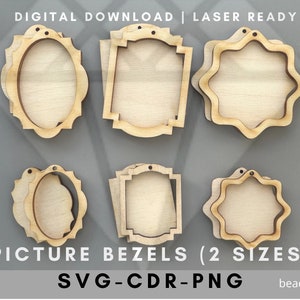 18 cadres photo avec cadre SVG, 3 styles, 2 tailles, cadres avec incrustation, pendentifs, boucles d'oreilles, ornements, découpe laser ovale rectangle, fleur étoilée