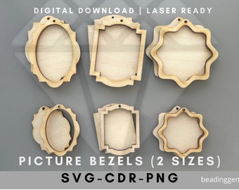 18 PC Picture Bezel Shapes SVG Cut Files 3 Styles 2 Sizes Frames Inlay Pendants Earrings Ornaments Oval Rectangle Star Flower Laser Cutter